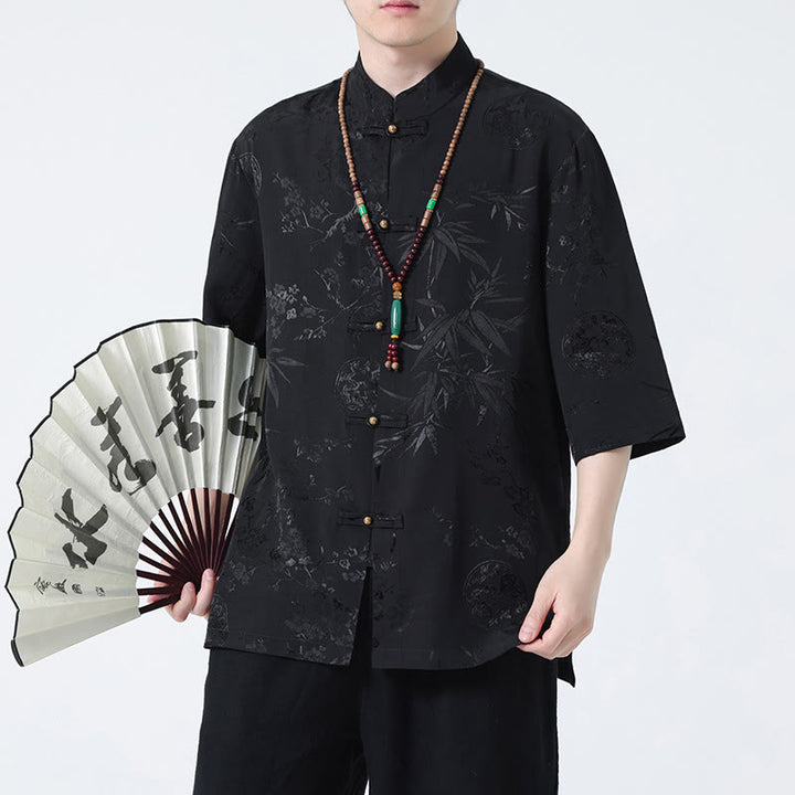 Buddha Stones Peach Blossom Bamboo Leaves Frog-button Chinese Half Sleeve Shirt Men T-shirt - image 3