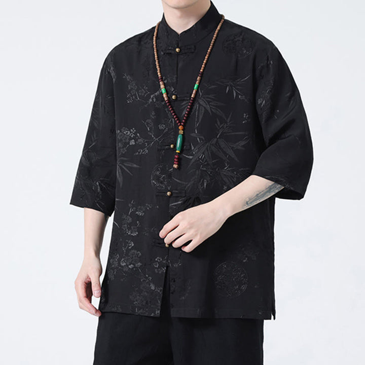 Buddha Stones Peach Blossom Bamboo Leaves Frog-button Chinese Half Sleeve Shirt Men T-shirt - image 6