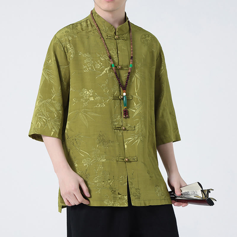 Buddha Stones Peach Blossom Bamboo Leaves Frog-button Chinese Half Sleeve Shirt Men T-shirt - image 12