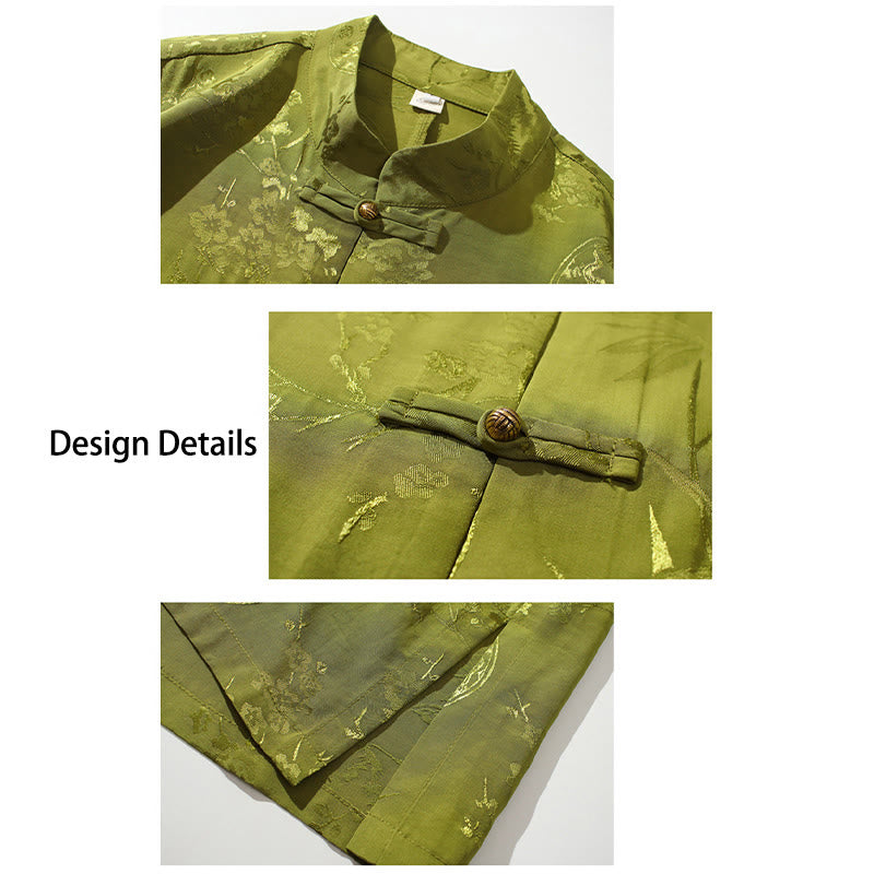 Buddha Stones Peach Blossom Bamboo Leaves Frog-button Chinese Half Sleeve Shirt Men T-shirt - image 14