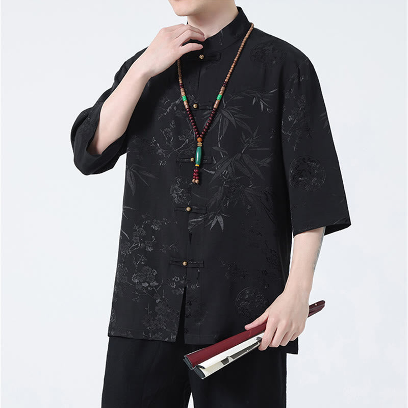 Buddha Stones Peach Blossom Bamboo Leaves Frog-button Chinese Half Sleeve Shirt Men T-shirt - Black(Top Only) - 5XL(Bust 130cm/Shoulder 52cm/Length 74cm) - image 0