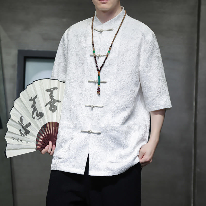 Buddha Stones Solid Color Jacquard Frog-button Chinese Half Sleeve Shirt Men T-shirt - White(Top Only) - US/UK/AU46，EU56 (5XL)  - image 10