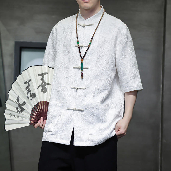 Buddha Stones Solid Color Jacquard Frog-button Chinese Half Sleeve Shirt Men T-shirt - White(Top Only) - US/UK/AU46，EU56 (5XL)  - image 10
