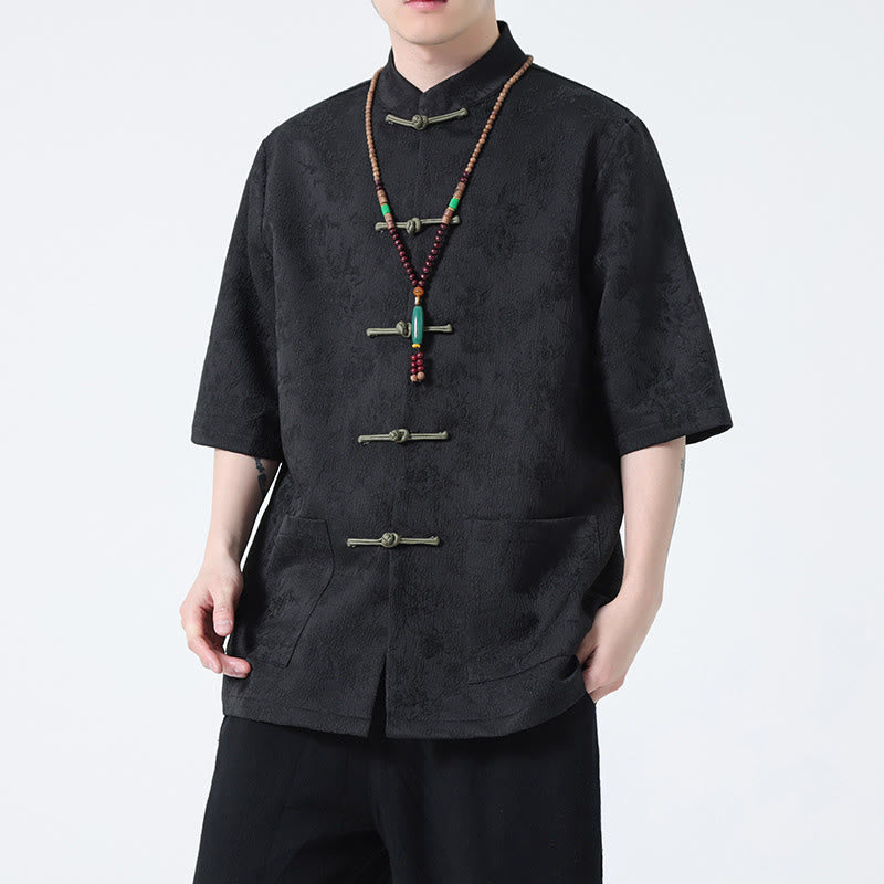 Buddha Stones Solid Color Jacquard Frog-button Chinese Half Sleeve Shirt Men T-shirt - Black(Top Only) - US/UK/AU46，EU56 (5XL)  - image 0