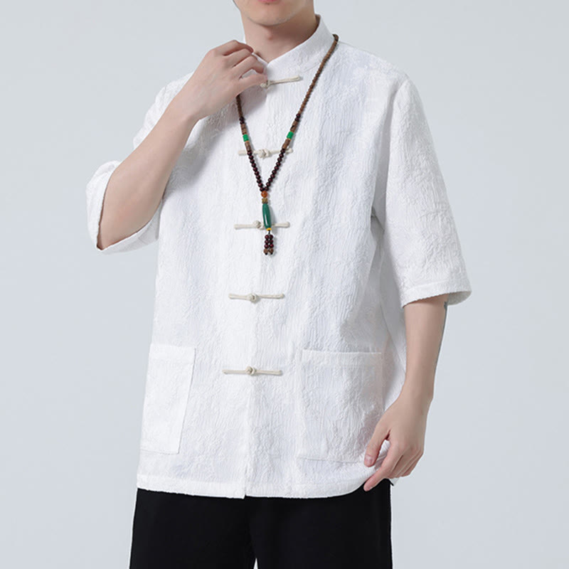 Buddha Stones Solid Color Jacquard Frog-button Chinese Half Sleeve Shirt Men T-shirt - image 16