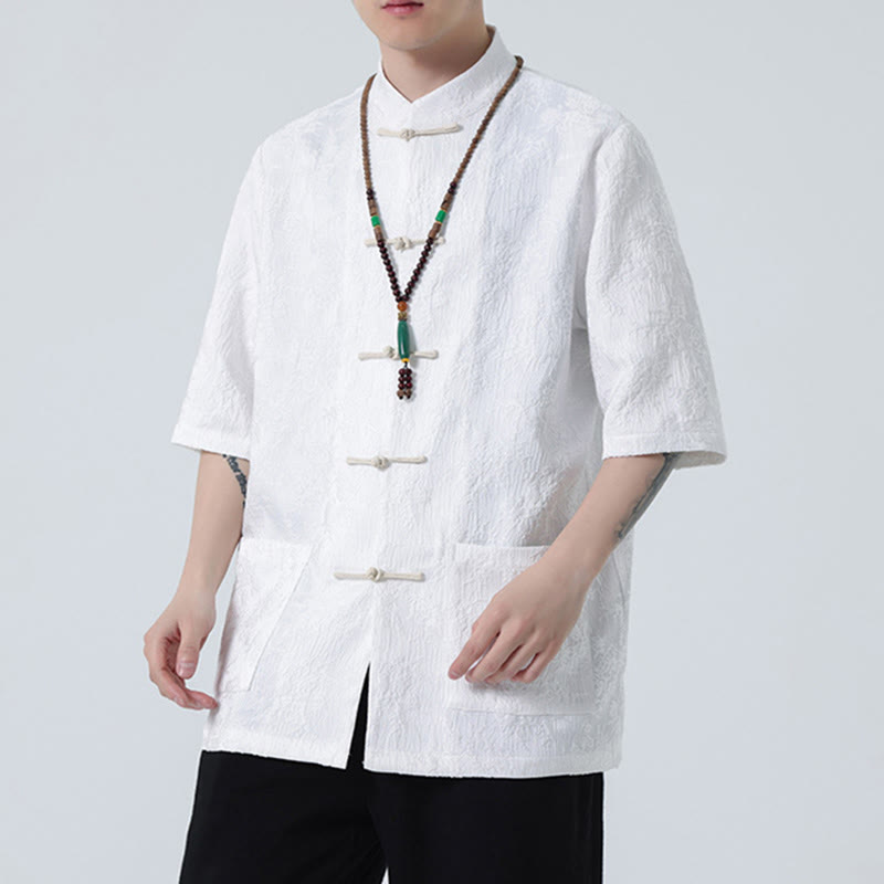 Buddha Stones Solid Color Jacquard Frog-button Chinese Half Sleeve Shirt Men T-shirt - image 14