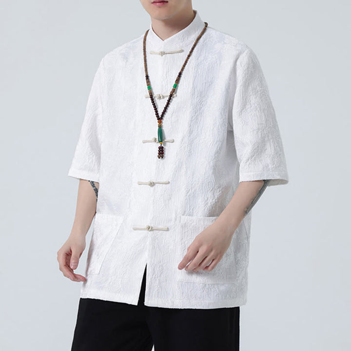 Buddha Stones Solid Color Jacquard Frog-button Chinese Half Sleeve Shirt Men T-shirt - image 14