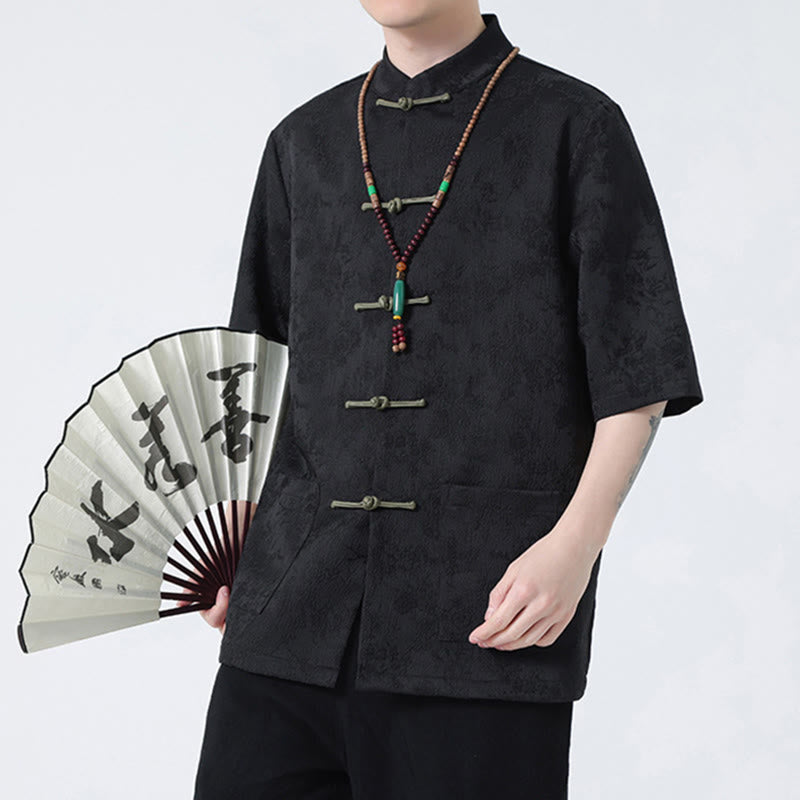 Buddha Stones Solid Color Jacquard Frog-button Chinese Half Sleeve Shirt Men T-shirt - image 1
