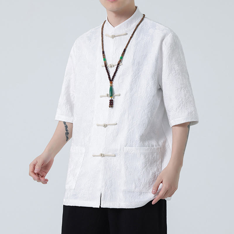 Buddha Stones Solid Color Jacquard Frog-button Chinese Half Sleeve Shirt Men T-shirt - image 15
