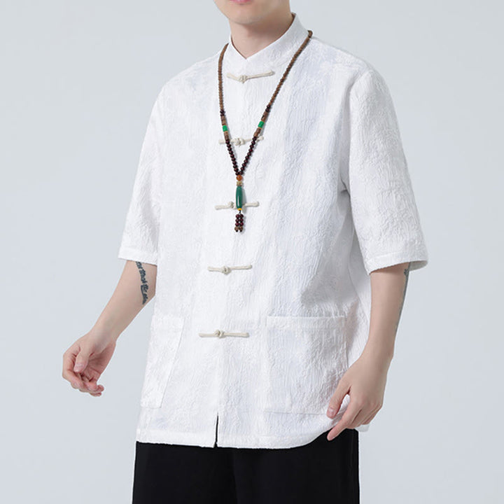 Buddha Stones Solid Color Jacquard Frog-button Chinese Half Sleeve Shirt Men T-shirt - image 15