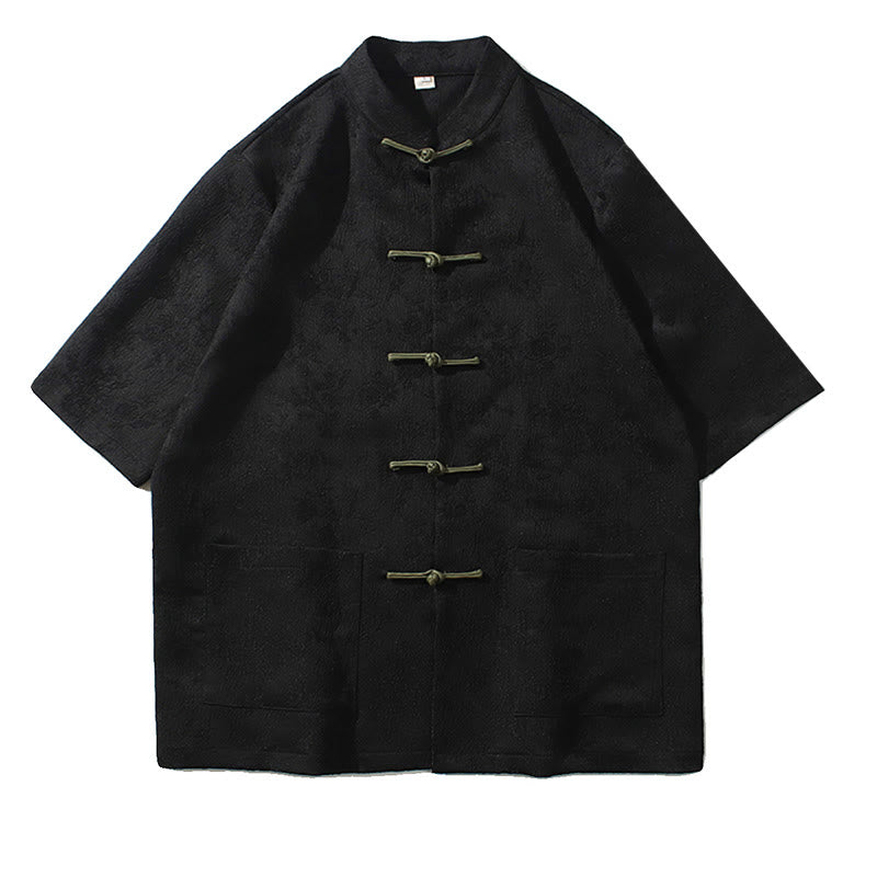 Buddha Stones Solid Color Jacquard Frog-button Chinese Half Sleeve Shirt Men T-shirt - image 9