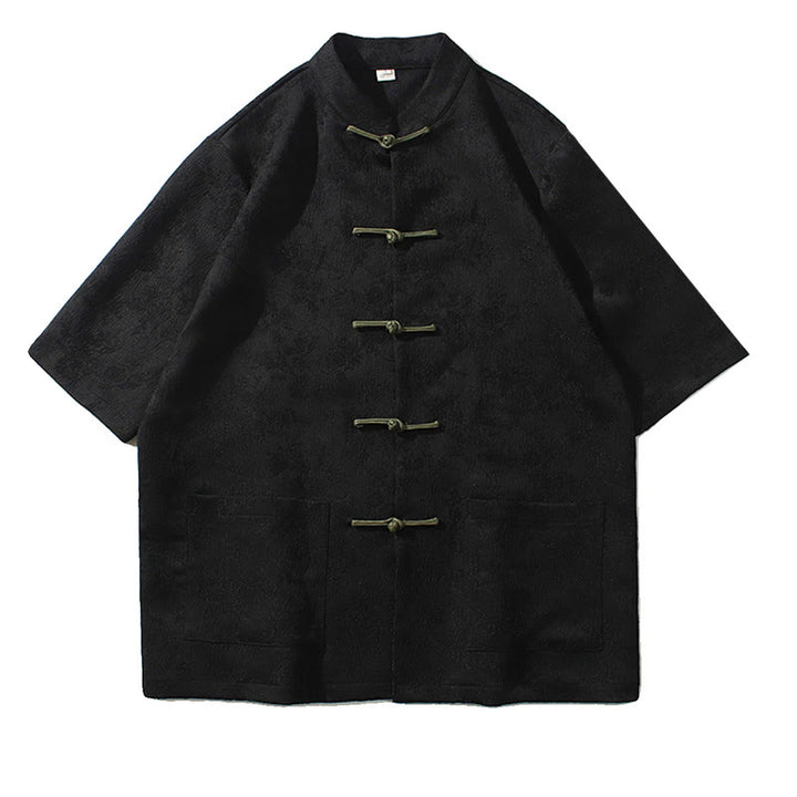 Buddha Stones Solid Color Jacquard Frog-button Chinese Half Sleeve Shirt Men T-shirt - image 9