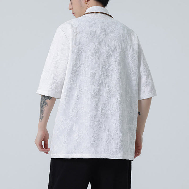 Buddha Stones Solid Color Jacquard Frog-button Chinese Half Sleeve Shirt Men T-shirt - image 12