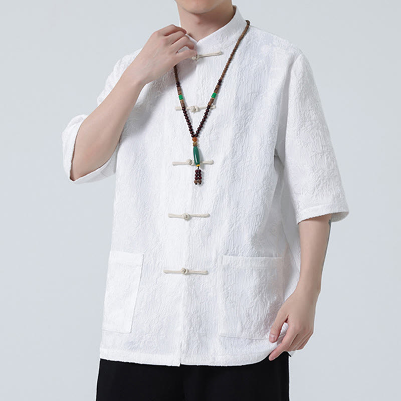 Buddha Stones Solid Color Jacquard Frog-button Chinese Half Sleeve Shirt Men T-shirt - image 11