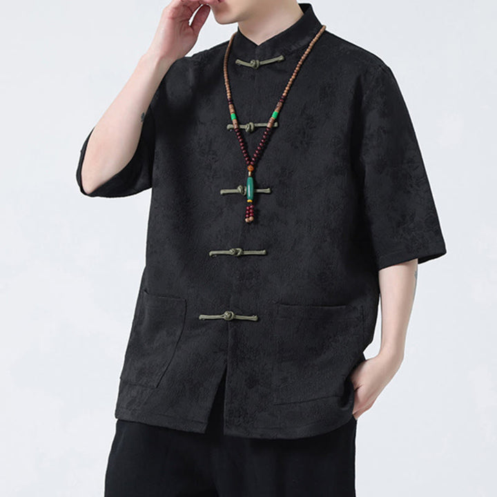 Buddha Stones Solid Color Jacquard Frog-button Chinese Half Sleeve Shirt Men T-shirt - image 3