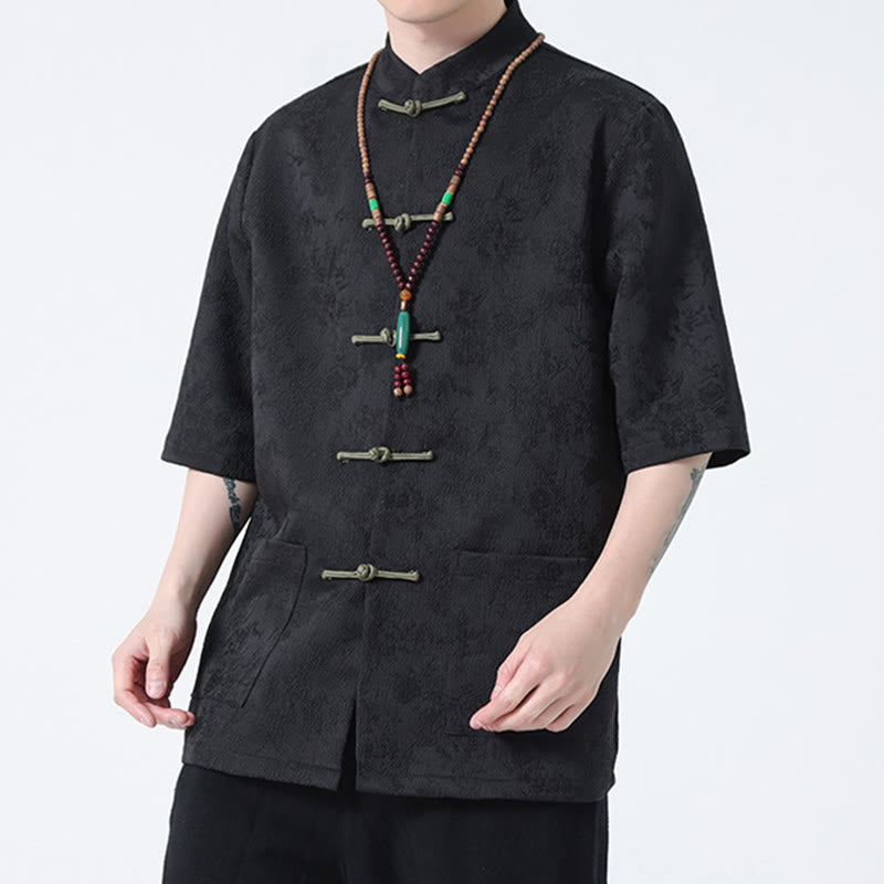 Buddha Stones Solid Color Jacquard Frog-button Chinese Half Sleeve Shirt Men T-shirt - image 7