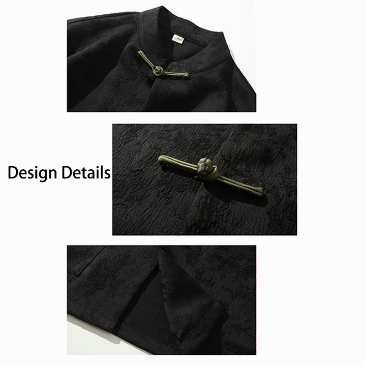 Buddha Stones Solid Color Jacquard Frog-button Chinese Half Sleeve Shirt Men T-shirt - image 8