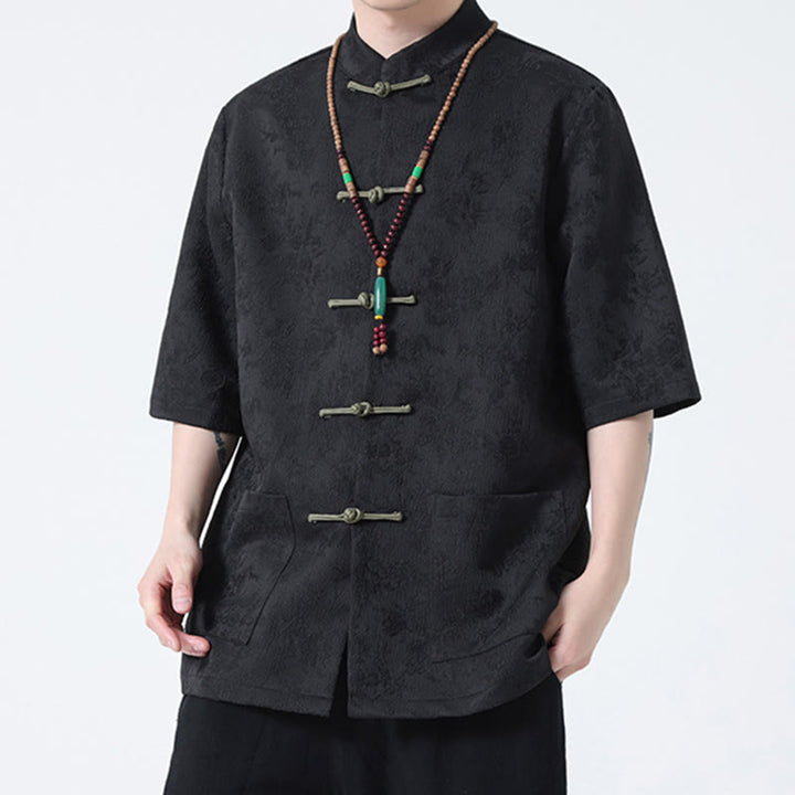 Buddha Stones Solid Color Jacquard Frog-button Chinese Half Sleeve Shirt Men T-shirt - image 5