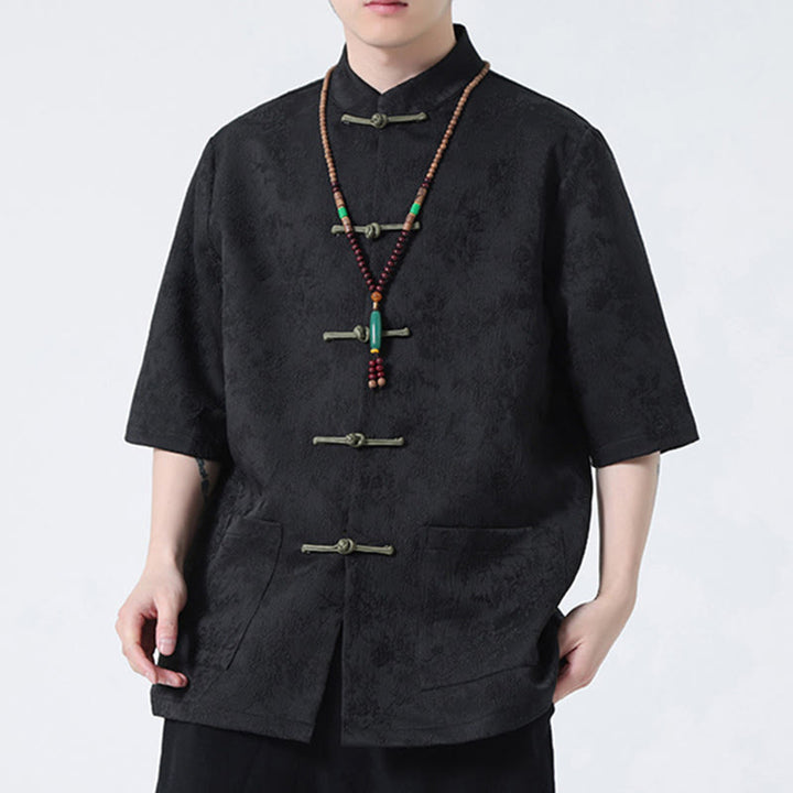 Buddha Stones Solid Color Jacquard Frog-button Chinese Half Sleeve Shirt Men T-shirt - image 6