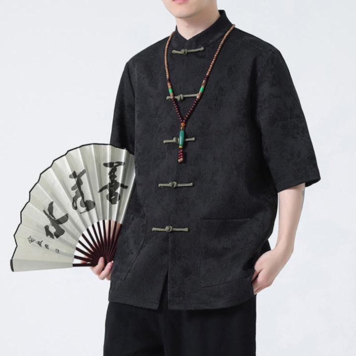 Buddha Stones Solid Color Jacquard Frog-button Chinese Half Sleeve Shirt Men T-shirt - image 4
