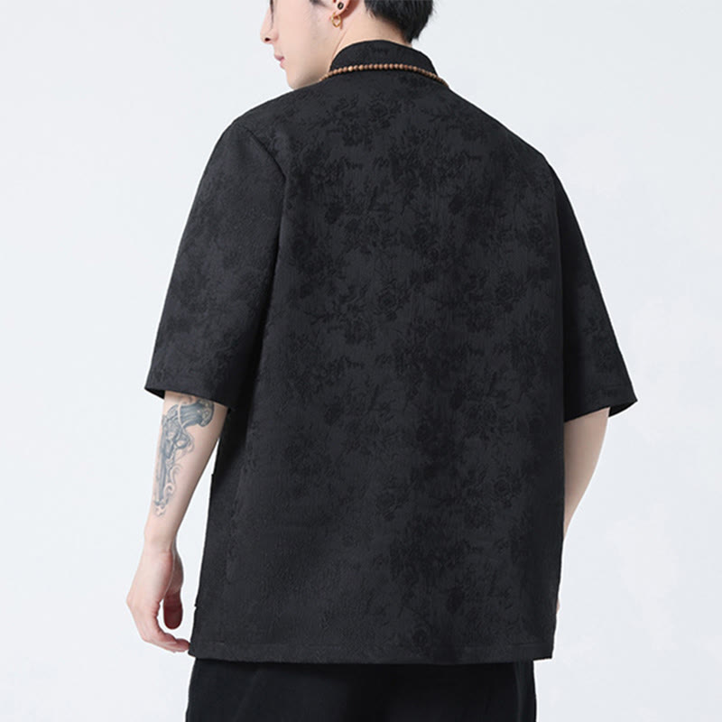 Buddha Stones Solid Color Jacquard Frog-button Chinese Half Sleeve Shirt Men T-shirt - image 2