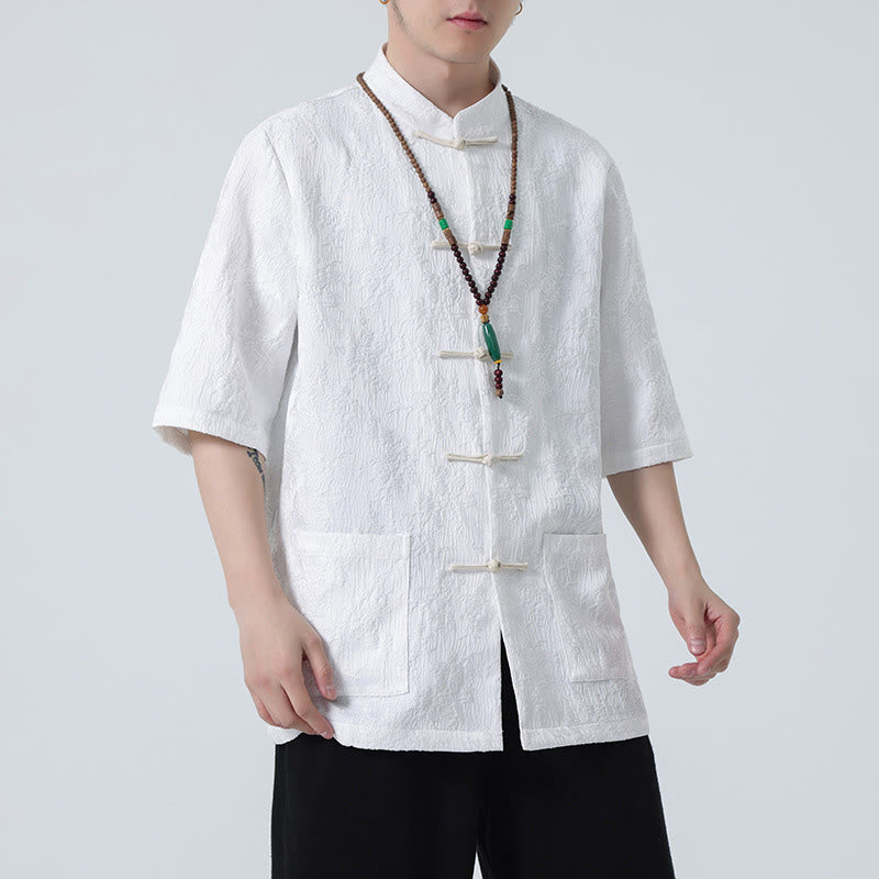 Buddha Stones Solid Color Jacquard Frog-button Chinese Half Sleeve Shirt Men T-shirt - image 17
