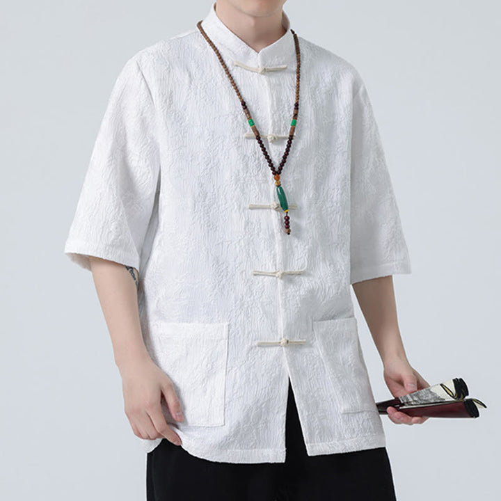 Buddha Stones Solid Color Jacquard Frog-button Chinese Half Sleeve Shirt Men T-shirt - image 13