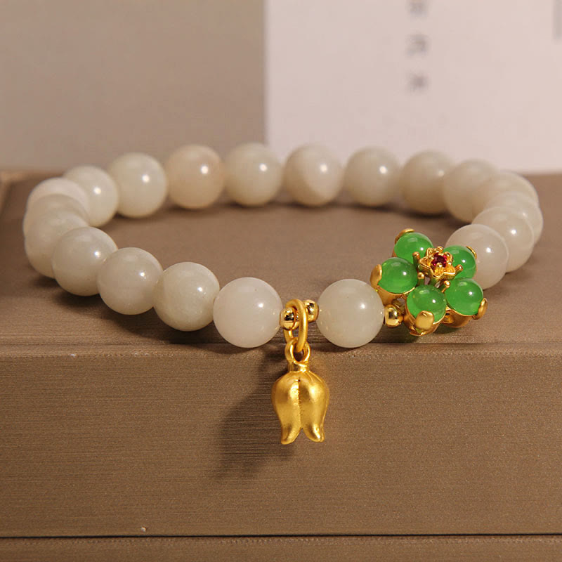 Buddha Stones Natural Jade Green Flower Lily Of The Valley Luck Bracelet - Jade(Wrist Circumference 14-16cm) - image 0