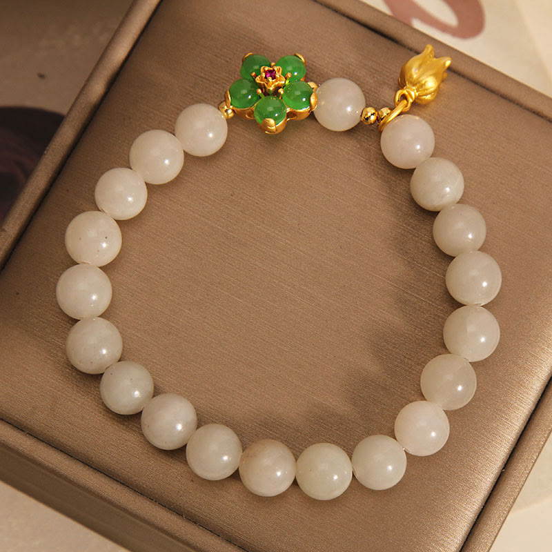 Buddha Stones Natural Jade Green Flower Lily Of The Valley Luck Bracelet - image 2