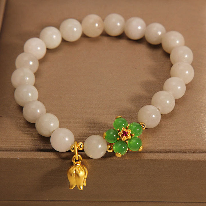 Buddha Stones Natural Jade Green Flower Lily Of The Valley Luck Bracelet - image 3