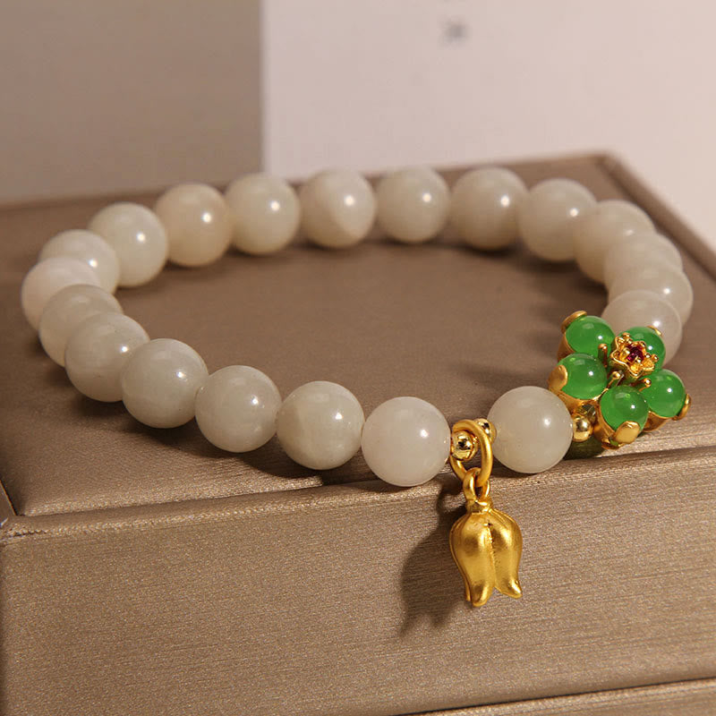 Buddha Stones Natural Jade Green Flower Lily Of The Valley Luck Bracelet - image 1