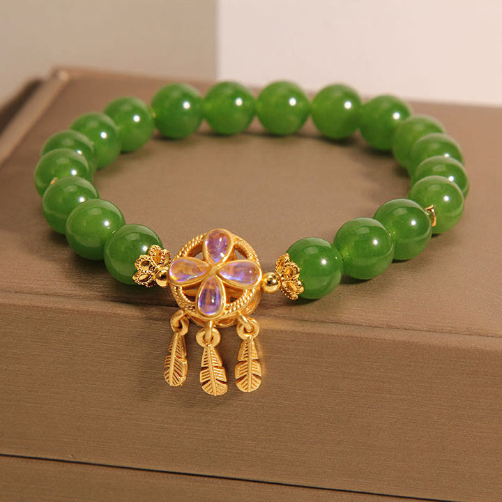 Buddha Stones Green Jade Dreamcatcher Four Leaf Clover Luck Bracelet - image 1