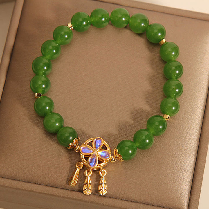 Buddha Stones Green Jade Dreamcatcher Four Leaf Clover Luck Bracelet - image 4