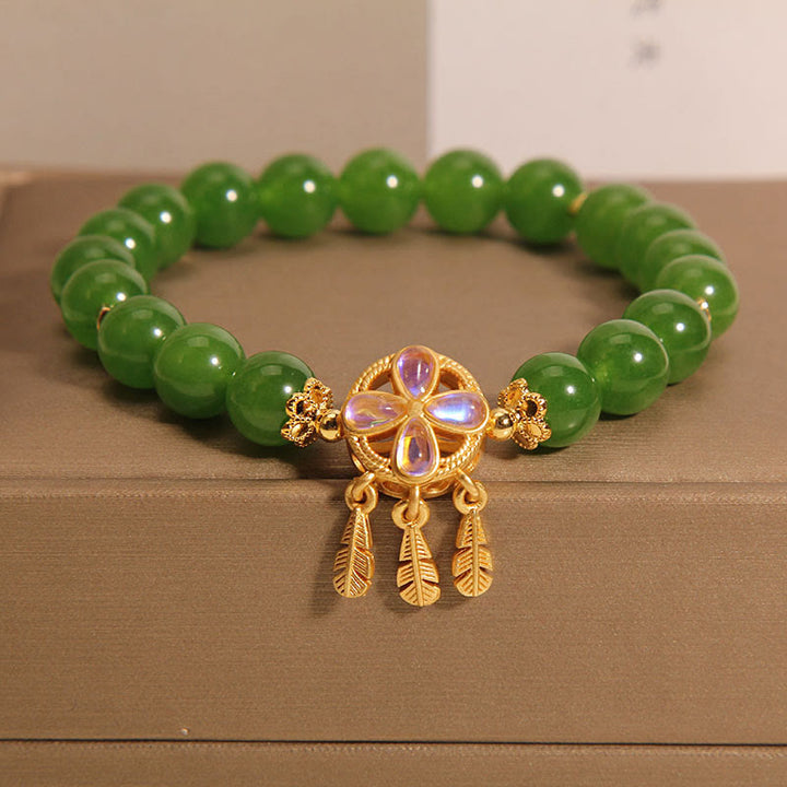 Buddha Stones Green Jade Dreamcatcher Four Leaf Clover Luck Bracelet - Jade(Wrist Circumference 14-16cm) - image 0