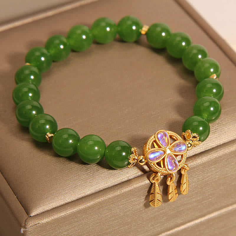 Buddha Stones Green Jade Dreamcatcher Four Leaf Clover Luck Bracelet - image 2