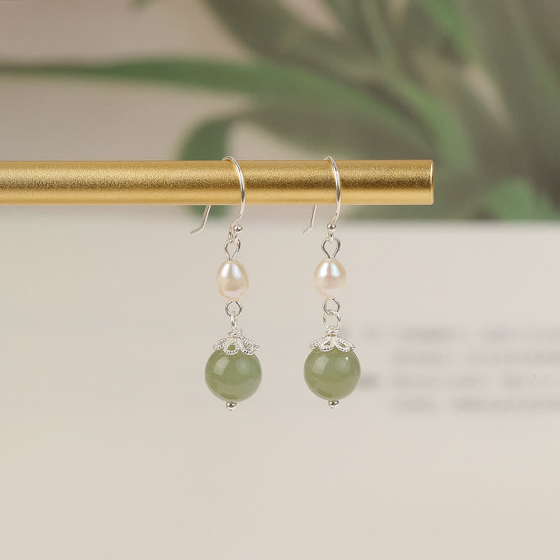 Buddha Stones 925 Sterling Silver Natural Pearl Jade Wisdom Earrings - image 1