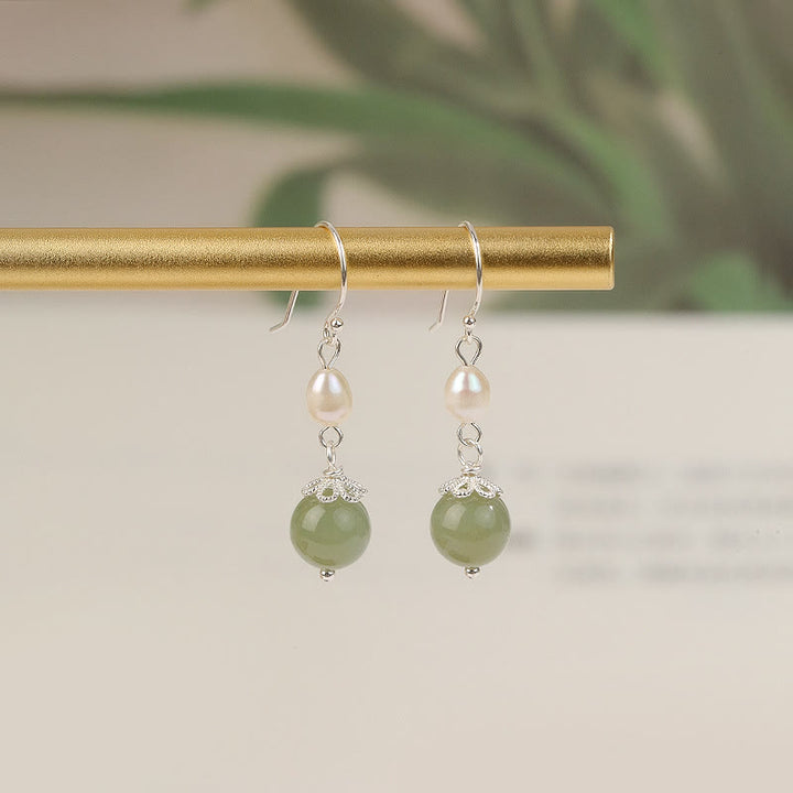 Buddha Stones 925 Sterling Silver Natural Pearl Jade Wisdom Earrings - image 1