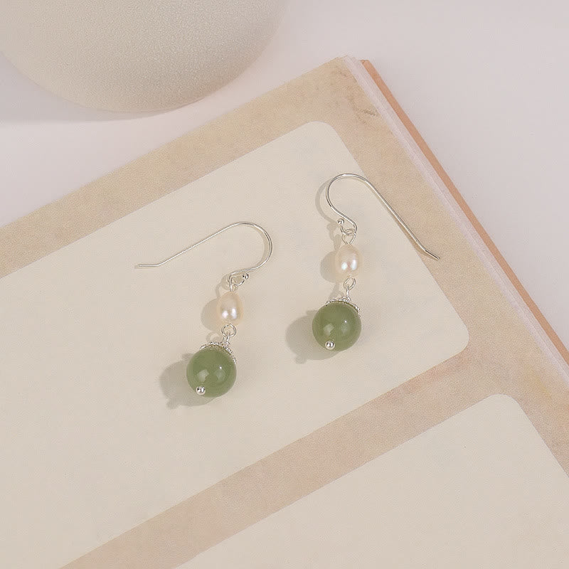 Buddha Stones 925 Sterling Silver Natural Pearl Jade Wisdom Earrings - image 2
