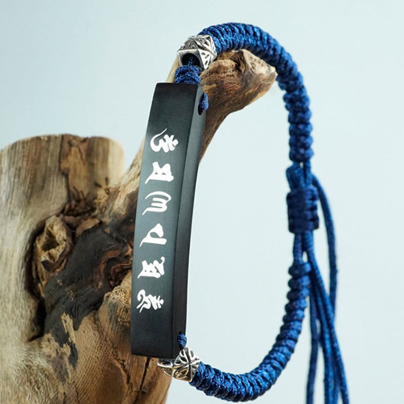 Buddha Stones Buddhism Six True Words Wood Ebony Wood Silver Inlaid Protection Bracelet - image 2