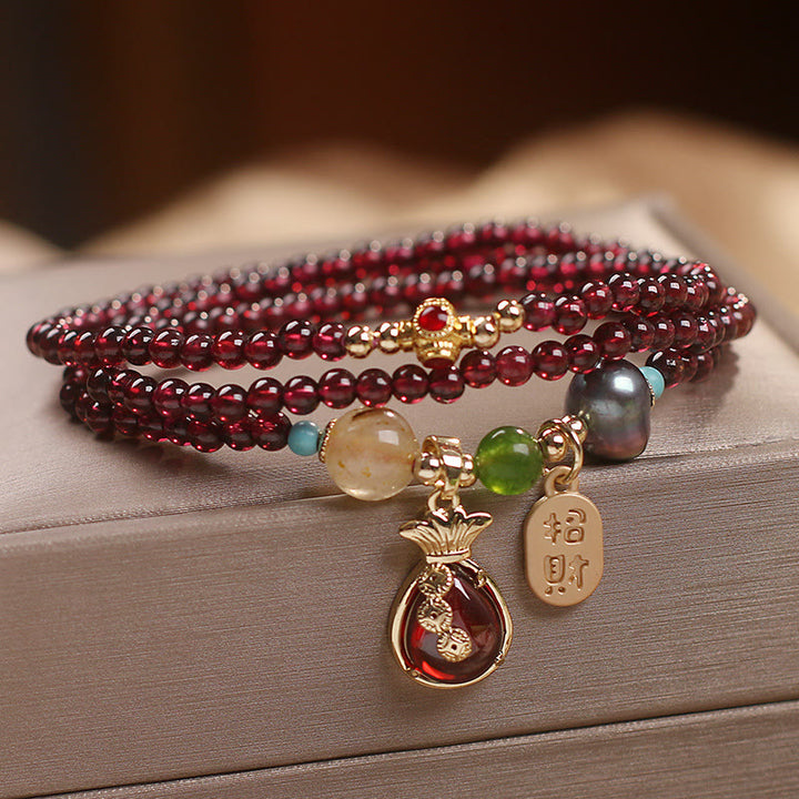 Buddha Stones Multi Layered Natural Garnet Jade Coin Money Bag Attracting Wealth Protection Bracelet - Multi-layered Garnet Jade Coin Bag(Wrist Circumference 14-15cm) - image 0