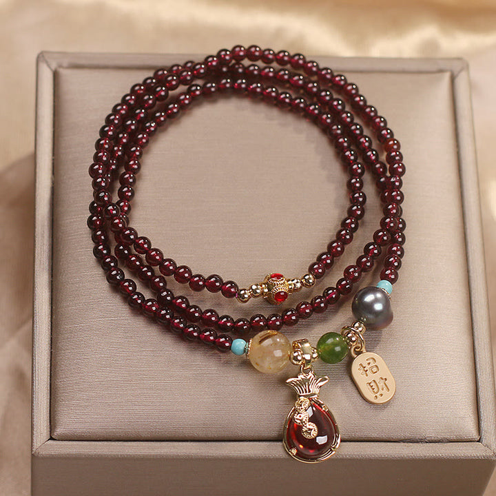Buddha Stones Multi Layered Natural Garnet Jade Coin Money Bag Attracting Wealth Protection Bracelet - image 2
