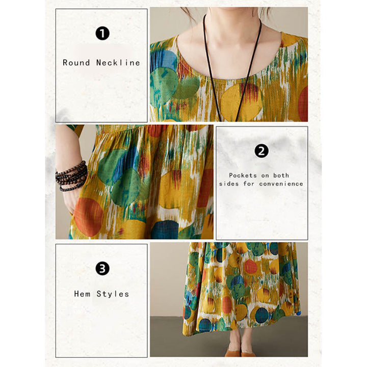 Buddha Stones Orange Green Colorful Polka Dots Midi Dress Cotton Half Sleeve Tunic Dress With Pockets - image 18