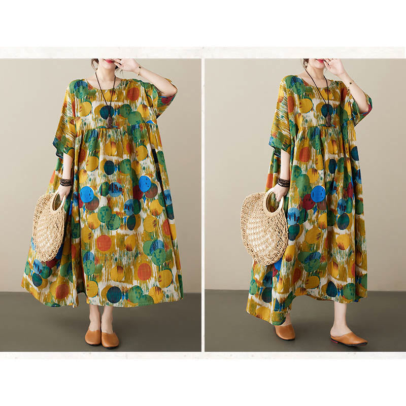 Buddha Stones Orange Green Colorful Polka Dots Midi Dress Cotton Half Sleeve Tunic Dress With Pockets - image 17