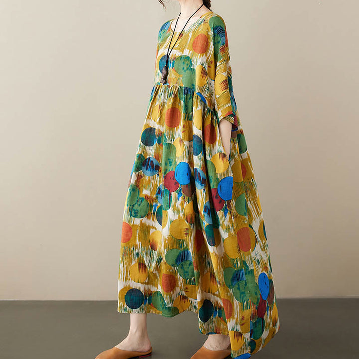 Buddha Stones Orange Green Colorful Polka Dots Midi Dress Cotton Half Sleeve Tunic Dress With Pockets - image 13