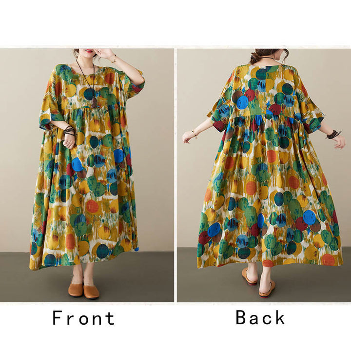 Buddha Stones Orange Green Colorful Polka Dots Midi Dress Cotton Half Sleeve Tunic Dress With Pockets - image 15