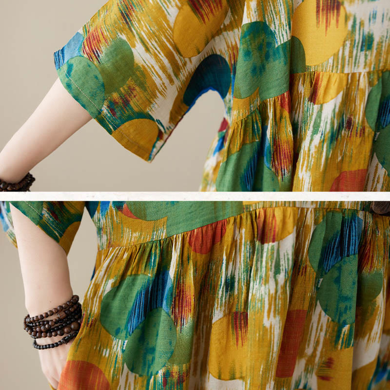 Buddha Stones Orange Green Colorful Polka Dots Midi Dress Cotton Half Sleeve Tunic Dress With Pockets - image 20