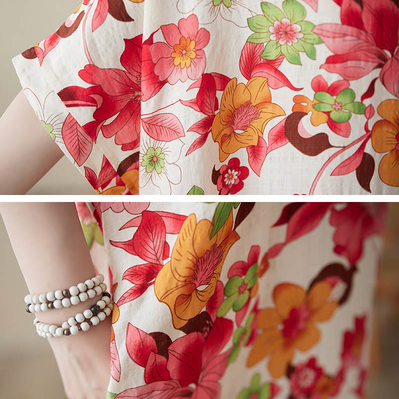 Buddha Stones Red Blue Green Flowers Midi Dress Cotton Half Sleeve Dress With Pockets - image 8
