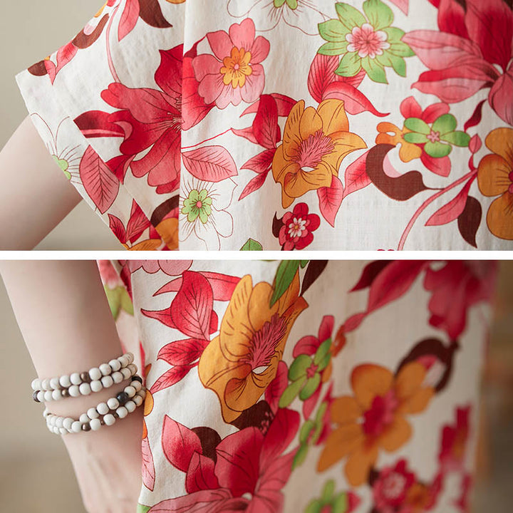 Buddha Stones Red Blue Green Flowers Midi Dress Cotton Half Sleeve Dress With Pockets - image 8