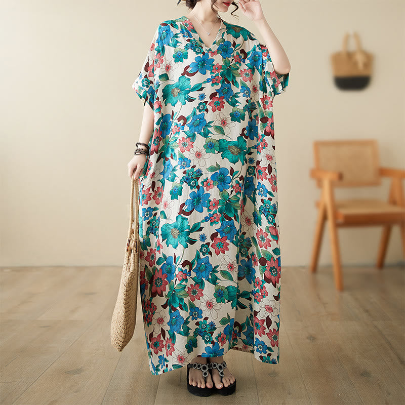 Buddha Stones Red Blue Green Flowers Midi Dress Cotton Half Sleeve Dress With Pockets - Blue(Dress Only) - (Bust 158cm/Hem 158cm/Length 133cm) - image 15