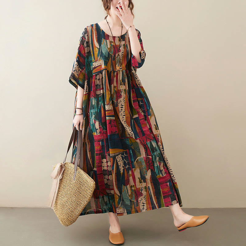 Buddha Stones Colorful Graphics Midi Dress Cotton Half Sleeve Tunic Dress With Pockets - image 7